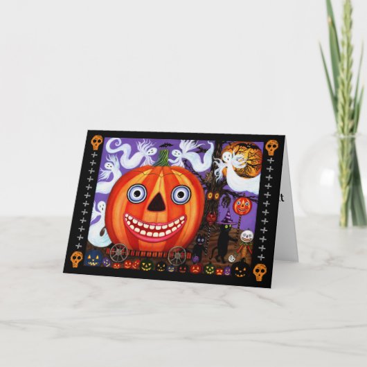 Big Eye Grinsen Halloween Pumpkin Black Cats Card Karte (Vorderseite)