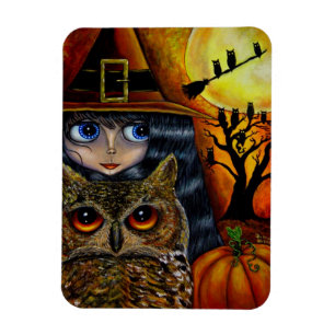 Big Eye Hexenmädchen und Owl Pumpkin Moon Hallowee Magnet
