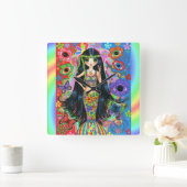 Big Eye Hippie Mermaid Girl Peace Sign Zeichen 196 Quadratische Wanduhr (Zuhause)