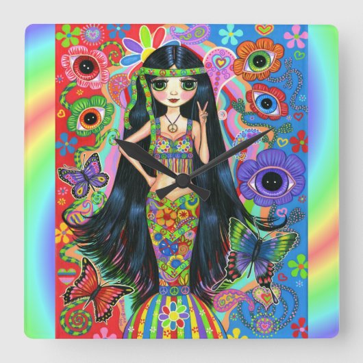 Big Eye Hippie Mermaid Girl Peace Sign Zeichen 196 Quadratische Wanduhr (Vorderseite)