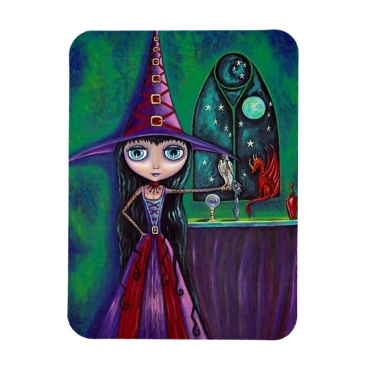 Big Eye Witch Girl mit Falken & Dragon Niedlich Magnet (Vertikal)