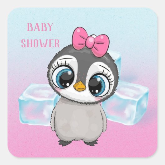 Big Eyes Niedlicher Pinguin mit Pink Bow Baby Dusc Quadratischer Aufkleber (Vorderseite)