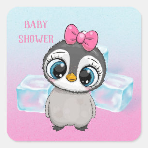 Big Eyes Niedlicher Pinguin mit Pink Bow Baby Dusc Quadratischer Aufkleber