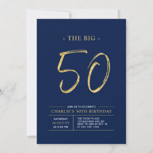 Big Fifty   Gold & Navy Blau 50. Geburtstagsfeier Einladung