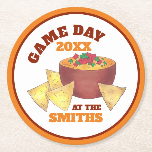 Big Football Game Tailgate Party Chips Käsedip Runder Pappuntersetzer (Vorderseite)