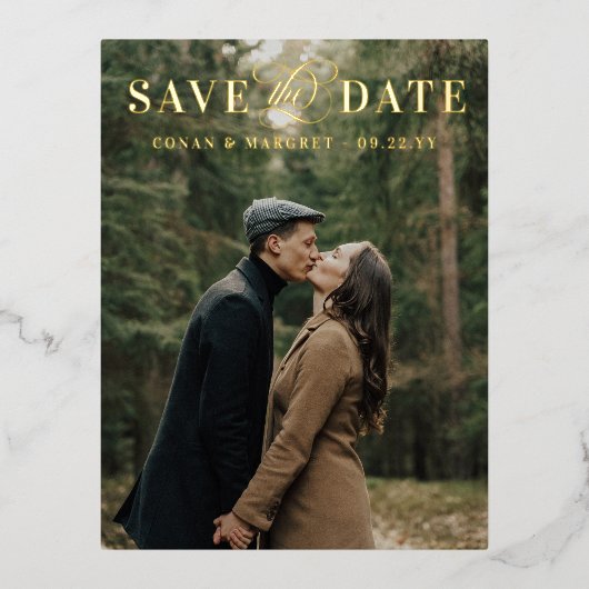 Big Foto Foil Save the Date Gold Folie Einladungspostkarte (Vorderseite)