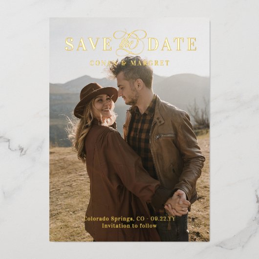 Big Foto Gold Foil Save the Date Folieneinladung (Vorderseite)