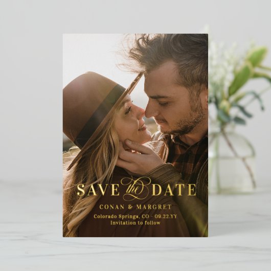 Big Foto Gold Foil Save the Date Folieneinladung (Stehend vorne)