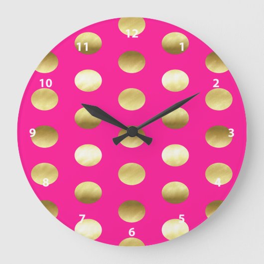 Big Gold Foil Polka Dots Hot Pink Große Wanduhr (Vorderseite)