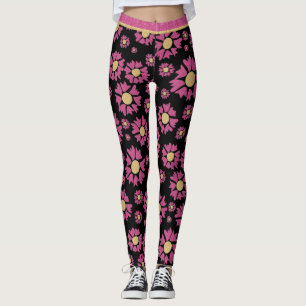 Big Gold Pink Glitzer Girly Daisy Blume auf schwar Leggings