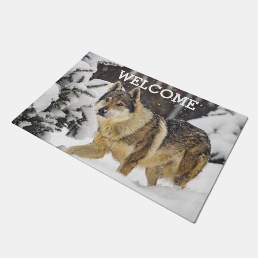 Big Gray Wild Wolf im Schnee Tiere Doormat Fußmatte (Schrägansicht)