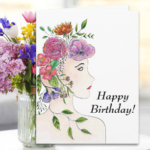 Big Happy Birthday Frau mit Blume Illustration Karte