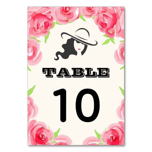 Big Hat | Aquarellfarbene Rose Derby Party Tischnummer (Vorderseite)