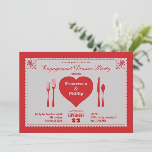 Big Heart Verlobung Dinner Party Einladung (Stehend Vorderseite)