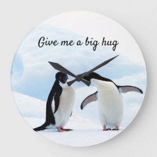 Big hug Penguin on ice photo with text Große Wanduhr
