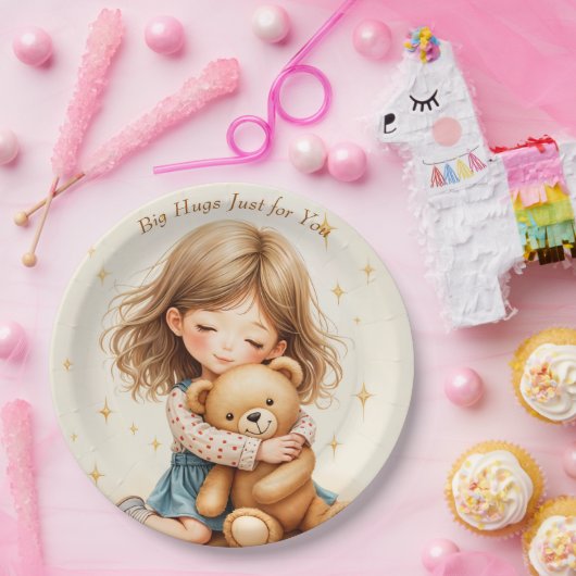 Big Hugs Niedliche Girl Hugging Teddy Bären-Blatt Pappteller (Party)