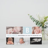 Big Initial Baby Boy Monogram 5 Foto Blue Birth Ankündigung (Stehend Vorderseite)