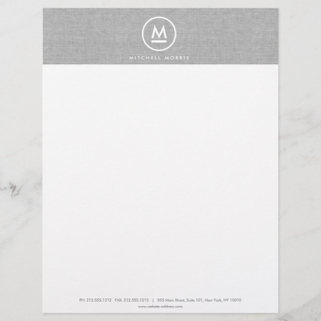 Big Initial Monogram auf Gray Linen Letterhead Briefkopf (Vorderseite)