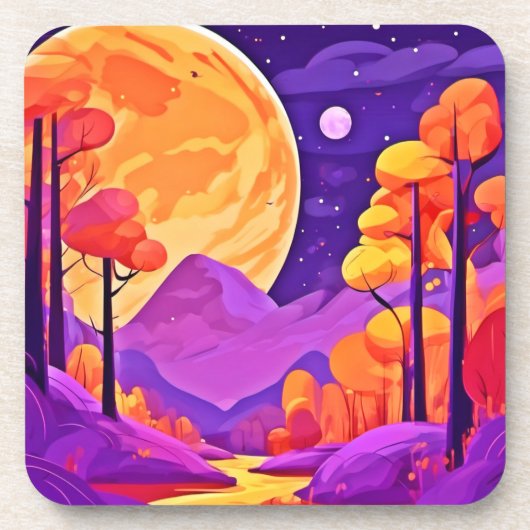 Big Moon & Cartoon Bäume Kunst Getränkeuntersetzer (Vorderseite)