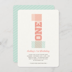 Big Number 1 Stripes Baby Girl 1. Geburtstag Party Einladung