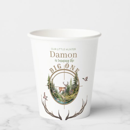 Big One Hunting First Birthday Pappbecher (Vorderseite)