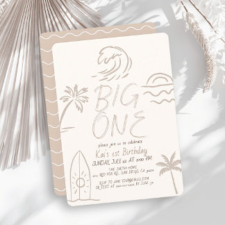 Big One Surfboard Doodle Beige 1. Geburtstag Einladung