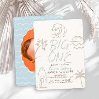 Big One Surfboard Doodle Blau Foto 1. Geburtstag Einladung