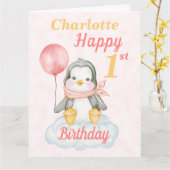 Big Pinguin Happy 1. Geburtstag Pink Card Karte (Gelbe Blume)