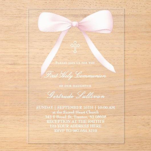 big pink bow | First Communion Acryleinladungen (Vorderseite)