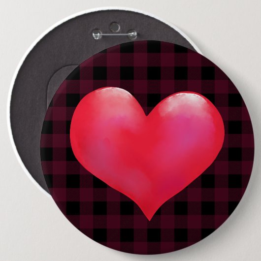 Big Pink Painted Heart | Buffalo Kariert Valentine Button (Vorne & Hinten)