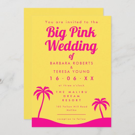 Big Pink Wedding Barbiecore Trendy Yellow Beach Einladung (Vorne/Hinten)