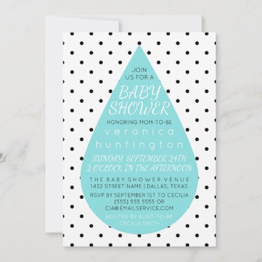 Big Raindrop & Polka Dots Blue Baby Dusche Einladung (Vorderseite)