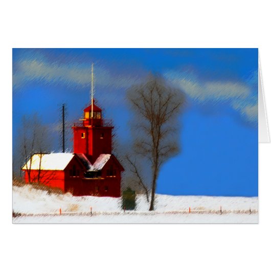 Big Red Lighthouse Malerei - Originelle Kunst (Vorderseite (Horizontal))