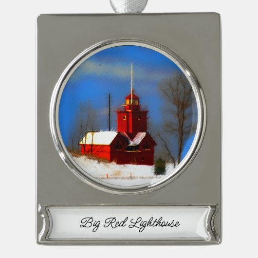 Big Red Lighthouse Malerei - Originelle Kunst Banner-Ornament Silber (Vorderseite)