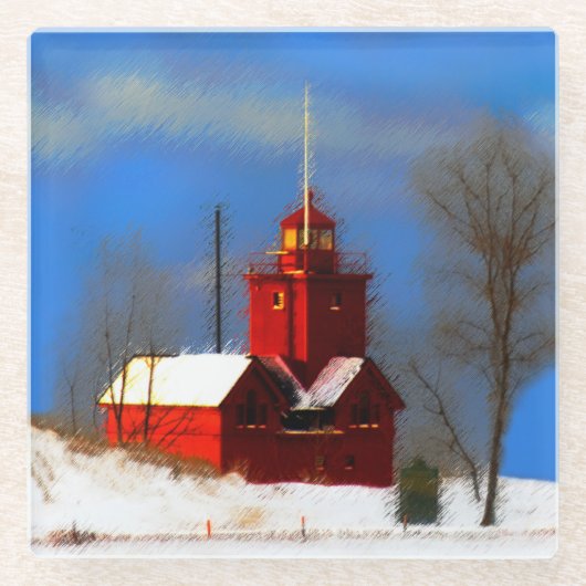 Big Red Lighthouse Malerei - Originelle Kunst Glasuntersetzer (Vorderseite)