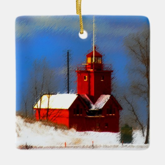 Big Red Lighthouse Malerei - Originelle Kunst Keramikornament (Vorderseite)