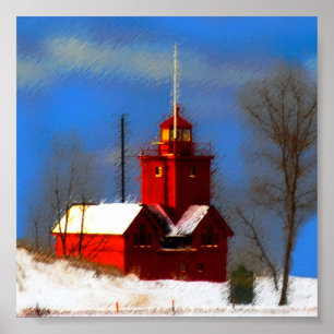 Big Red Lighthouse Malerei - Originelle Kunst Poster
