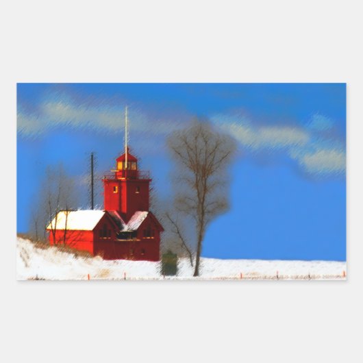 Big Red Lighthouse Malerei - Originelle Kunst Rechteckiger Aufkleber (Vorderseite)