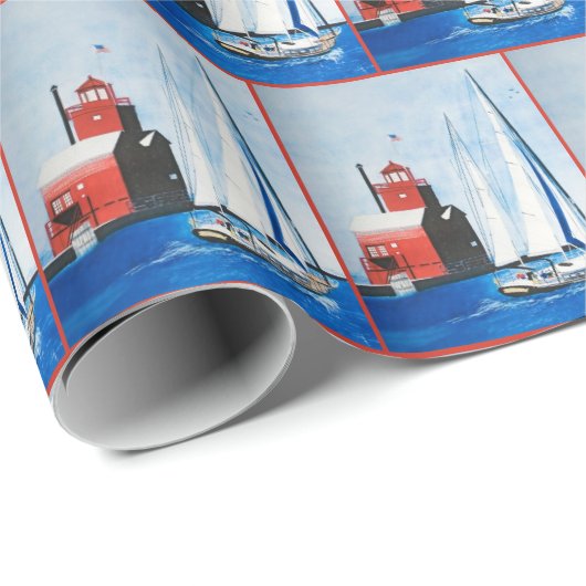 Big Red Lighthouse Wasserfarbe Geschenkpapier (Rolleneckpunkt)