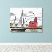 Big Red Michigan Lighthouse und Sailboat Leinwanddruck (Insitu (Holzboden))