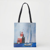 Big Red Michigan Lighthouse und Sailboat Malerei Tasche (Vorderseite)