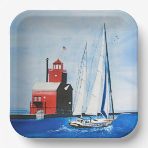 Big Red Michigan Lighthouse und Sailboat Pappteller