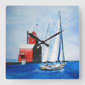 Big Red Michigan Lighthouse und Sailboat Quadratische Wanduhr (Vorderseite)