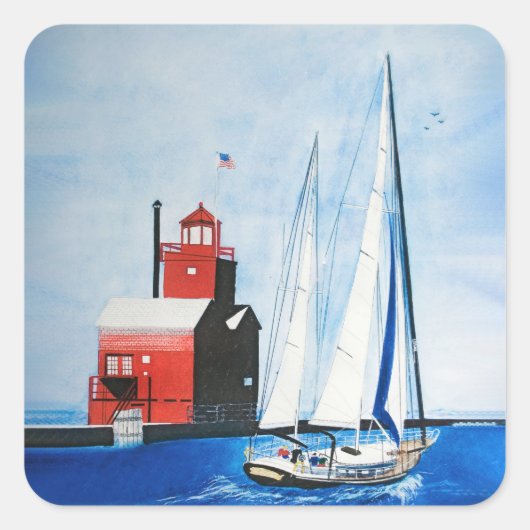 Big Red Michigan Lighthouse und Sailboat Quadratischer Aufkleber (Vorderseite)