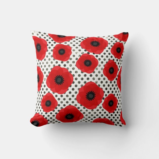 Big Red Poppe Blume auf Black and White Polka Dot Kissen (Vorderseite)