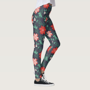 Big Red & White Christmas Poinsettias Leggings