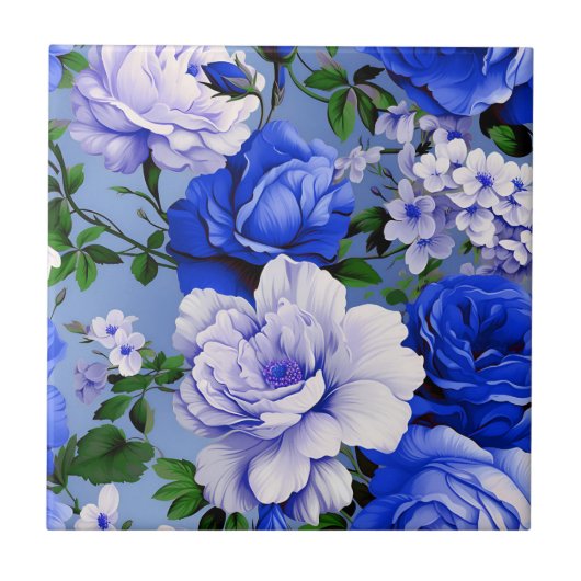 Big Retro Blue Rose Blume Fliese (Vorderseite)