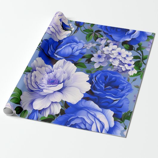Big Retro Blue Rose Blume Geschenkpapier (Ungerollt)