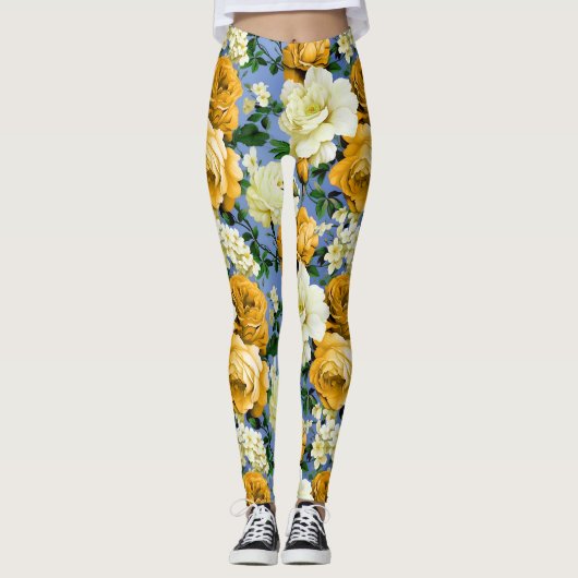 Big Retro Gelbe Rose Blume Leggings (Vorderseite)
