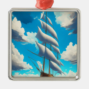 Big Sailboat, Blue Skies, weiße, flauschige Wolken Ornament Aus Metall